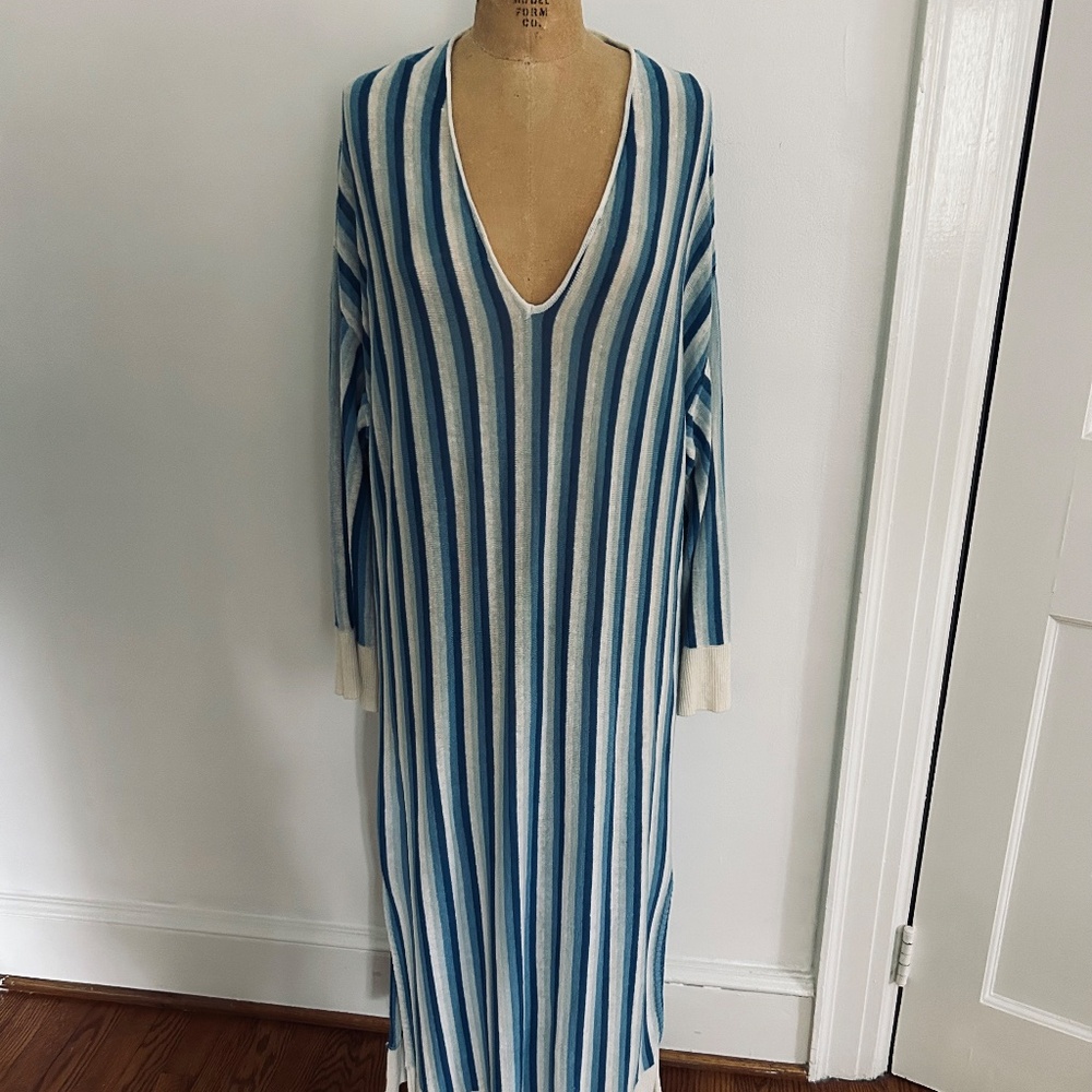 Blue and white striped knit dress